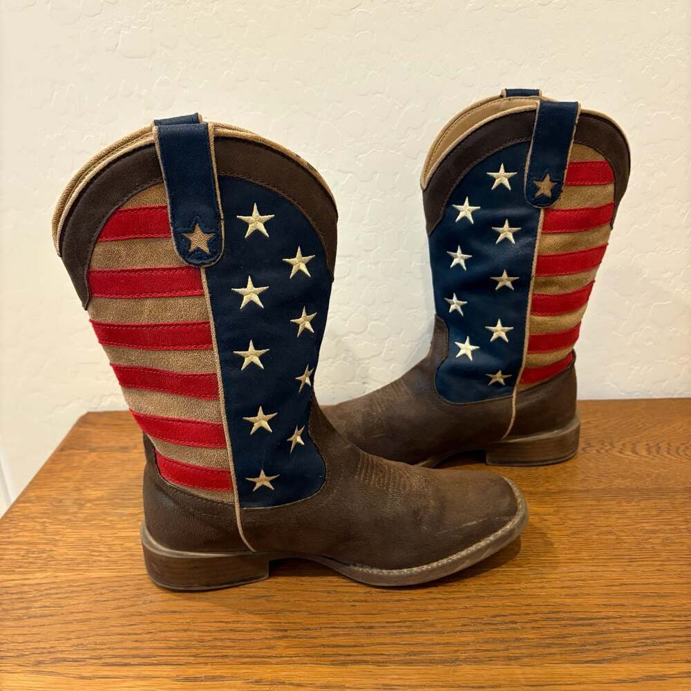 Roper Big Kids American Flag Square Toe Western Boots Size 4 - Picture 6 of 8